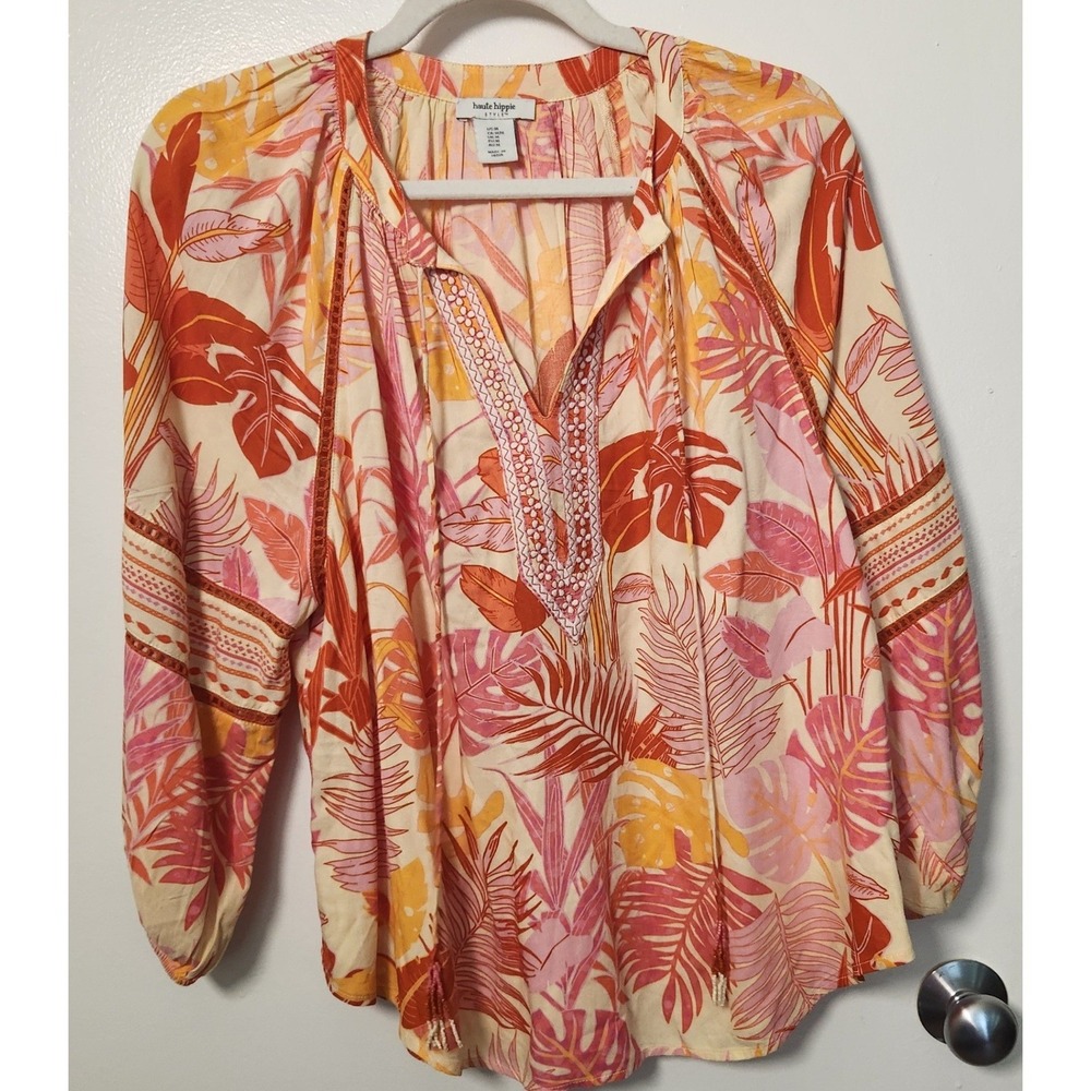 Haute Hippie Women's Tunic Med Tropical Print Embroidered Crochet Beaded Tassels